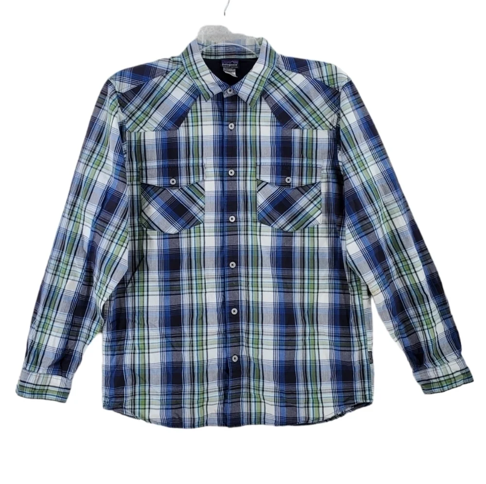 Patagonia Shirt Plaid Organic Cotton Green Blue White Button Up Mens M - Picture 1 of 13